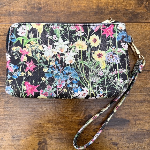 Betsey Johnson Double Pouch Wristlet Clutch Black Floral Print Purse Zip Around - Picture 4 of 8